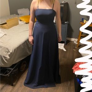 Navy Blue A-line Square Floor-length Chiffon Bridesmaid Dress